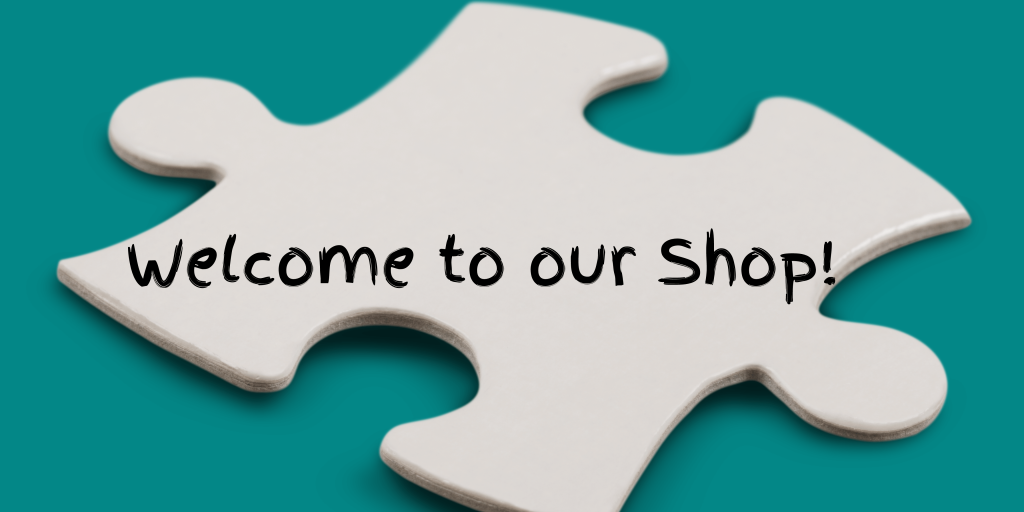 welcome to our shop! with white puzzle piece background